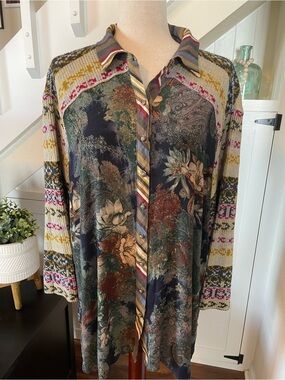 John Mark Mixed Media Patchwork Button Down Blouse 1X Boho Tunic